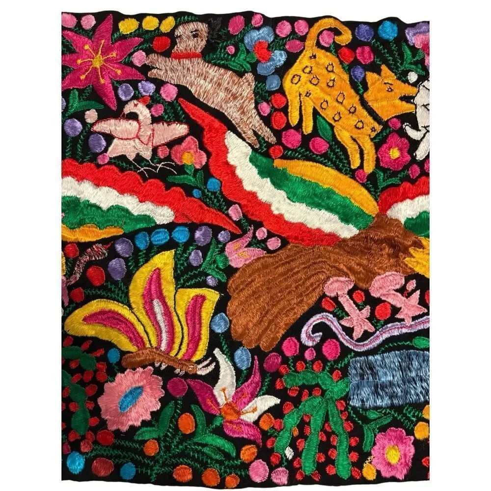 Rare Mexican Traditional Colorful Embroidered Yarn Table Runner 24” x 70”